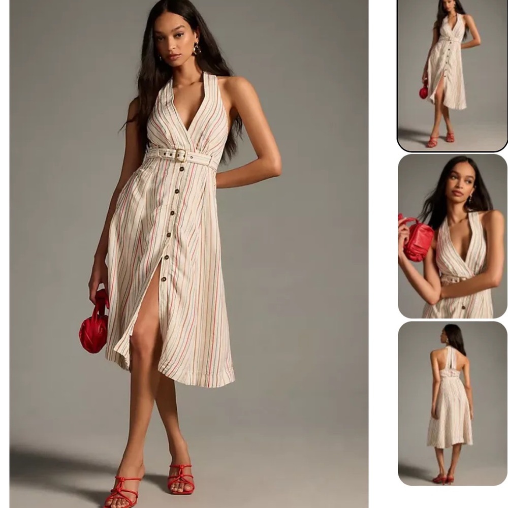 Anthropologie Maeve Belted V-Neck Button-Front Dress